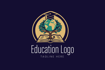 Academic crest with globe book and graduation cap for education and global learning Vector logo template