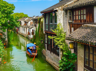 View of the famous water town called Zhouzhuang on a sunny day near Suzhou and Shanghai in China.