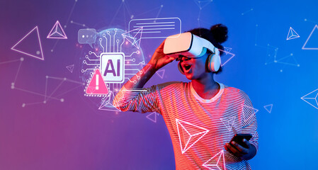 A vibrant scene showcasing a user engaging with virtual reality technology, surrounded by digital alerts and geometric patterns, illustrating the intersection of AI and immersive experiences. XDMCP