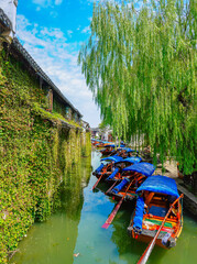 View of the famous water town called Zhouzhuang on a sunny day near Suzhou and Shanghai in China.