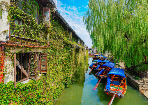 View of the famous water town called Zhouzhuang on a sunny day near Suzhou and Shanghai in China.