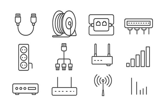 Network Components Icons. Line style icons of network connections: patch cord, cable reel, junction box, hub; socket array,