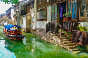 View of the famous water town called Zhouzhuang on a sunny day near Suzhou and Shanghai in China.