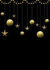 Elegant gold Christmas ornaments and stars hanging on black background, luxury holiday decoration design.