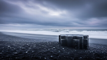 Abandoned television on a rocky beach with a stormy sea and cloudy sky in the background, symbolizing isolation and desolation