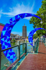 View of the famous water town called Zhouzhuang on a sunny day near Suzhou and Shanghai in China.