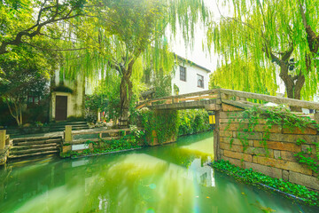 View of the famous water town called Zhouzhuang on a sunny day near Suzhou and Shanghai in China.