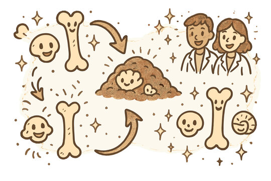 Cheerful Taphonomy Journey. Magical doodle taphonomic timeline with cheerful bones and shells, cartoon arrows showing decay and