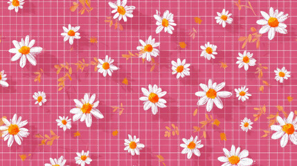 &ldquo;Cute Pink Checkered Background with White Daisy Flowers and Cheerful Floral Pattern&rdquo;