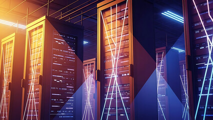 Futuristic server room with glowing neon lights and abstract geometric shapes, modern data center with high tech equipment and vibrant blue orange illumination