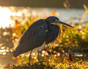 Tricolored Heron perched near a shimmering lagoon at sunset in the marsh