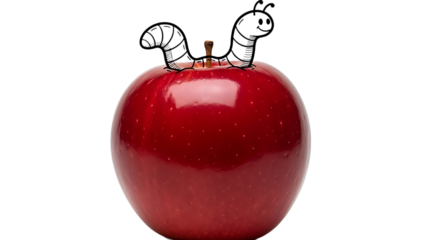 Red apple with cartoon caterpillar on against white background transparent background insect
