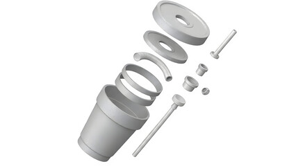 Deconstructed reusable beverage container showcasing individual components for design or manufacturing purposes
