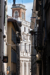 Fototapeta premium Tourists destination, historical part of Bergamo city, Bergamo Alta with narrow streets, churces, old houses, located on hill with fortress walls, Lombardy, Northern Italy