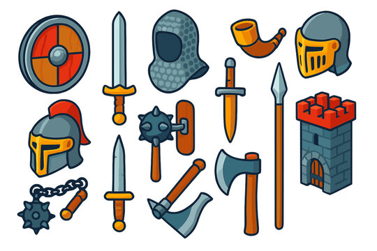 Viking Arms Collection. Isometric vector illustration set Sword & Shield: round Viking shield, forged longsword blade, chainmail