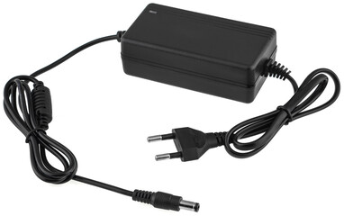 Compact power adapter for household appliances with a European plug and round connector.