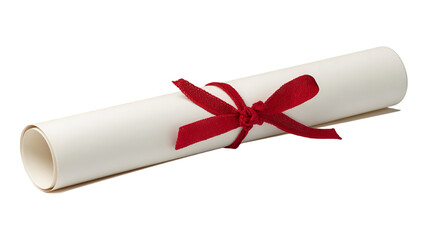 Rolled Paper Diploma with Red Silk Ribbon Isolated on Gray

