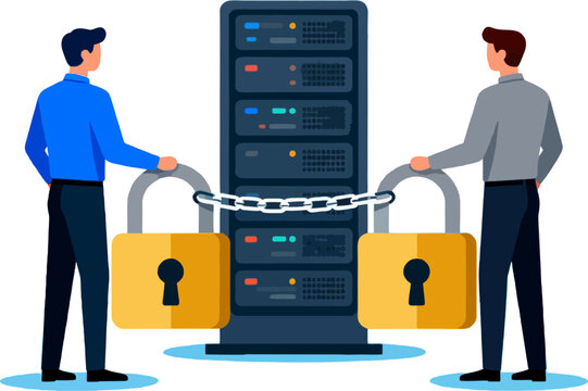 Server Security with Two Businessmen and Padlocks &ndash; Flat Vector Illustration of Data Protection, Cyber Security and Locked Database System