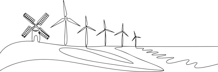 Wind farm turbines and windmill at the Sea in One continuous line drawing. one line Art icon drawing © mst