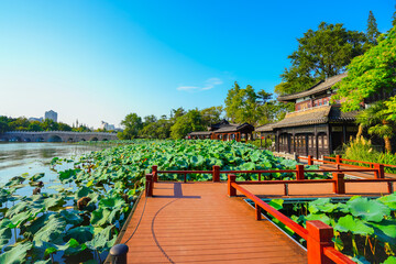 View of a beautiful Chinese pond in Nantong city near Shanghai in China.