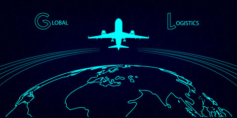 Global logistics network in dark blue. Map global logistics partnership connection.  Globe and aircraft  in neon style. Global logistics concept for your design. EPS10.