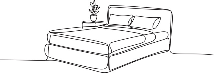 Continuous one line drawing of double bed and table with potted plant. one line Art icon drawing © mst