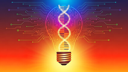 Glowing lightbulb with dna double helix and circuit board patterns, symbolizing innovative genetic technology and scientific discovery