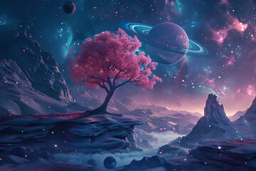 Surreal extraterrestrial landscape with glowing pink tree and celestial bodies