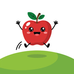 realistic apple fruit caricature over grass on white background vector illustration