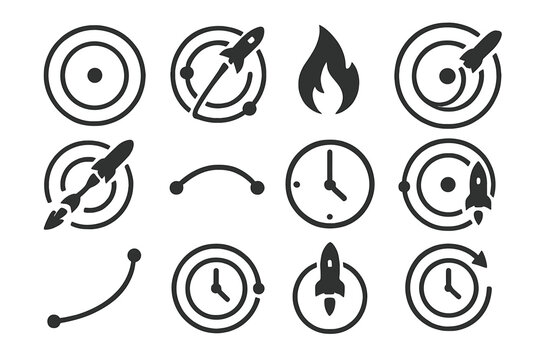 Hohmann Transfer Orbits Icons. Solid style icons of Hohmann transfer orbits: two concentric orbits, elliptical transfer path,