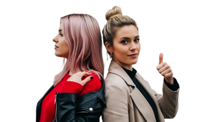 Two women with different hairstyles and outfits standing back to back one with pink hair and leather jacket and one with beige blazer giving thumbs up transparent background