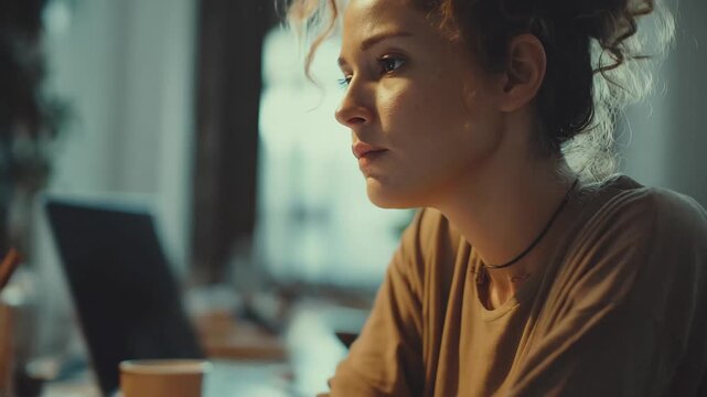 Young woman deep in thought at work