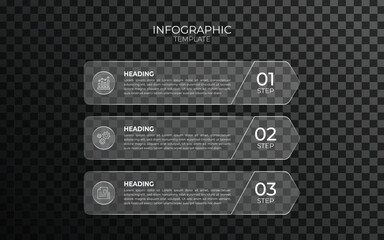 Modern Glassmorphism 3 Step Infographic Template on Dark Background. Transparent Vector Banners for Business Process Flow and UI UX Design Layouts.