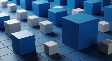 Obraz premium Abstract representation of large blue geometric cubes instructing smaller white cubes on a grid plane. Focus on data education and knowledge transfer, future, cube, development