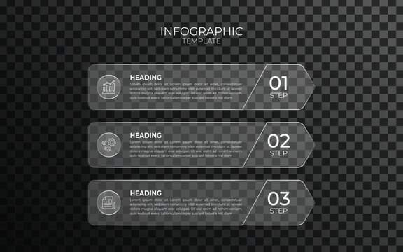 Modern Glassmorphism 3 Step Infographic Template on Dark Background. Transparent Vector Banners for Business Process Flow and UI UX Design Layouts.