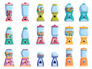 Bubblegum candy machines. Sweets in vending machines, cartoon colorful balls. Glazed multicolor choco ball. Empty glass dispenser for market, kidzone, stores, sapid vector set