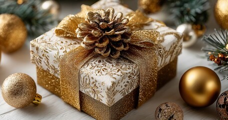Elegant gold and white gift box adorned with a pinecone and ribbon, surrounded by festive ornaments