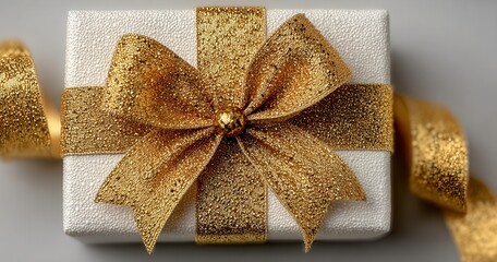 Elegant white gift box with a sparkling gold ribbon and bow, perfect for celebrations