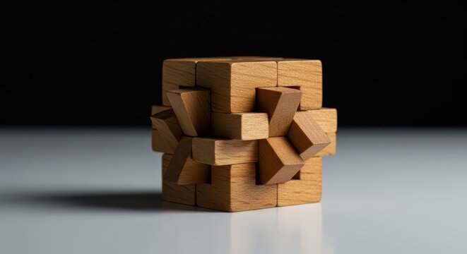 Close up of an intricate wooden interlocking Chinese puzzle sitting on a clean surface, emphasizing the complexity and brain teasing challenge, abstract, structure, geometric