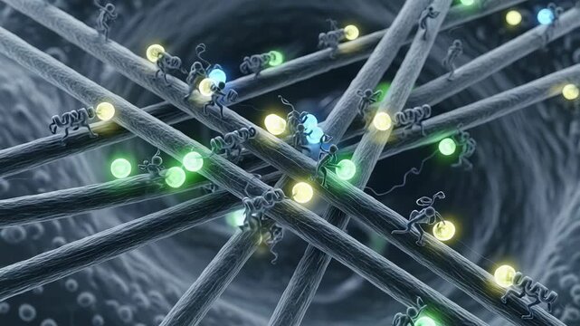Microtubules as highways for bipedal motor proteins transporting glowing cargo vesicles.