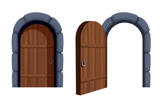 Medieval wooden doors. Old entrance in cellar, dungeon, castle or room in palace. Open close door in stone arch, architecture element sapid vector set