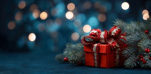 Festive red gift box with ribbon and pine branches, bokeh lights background