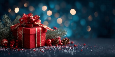 Festive red gift box with ribbon and pine branches, illuminated by soft bokeh lights