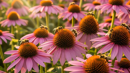 Purple coneflowers in full bloom with bees collecting nectar in a lush green garden, vibrant flowers, sunny day