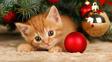 red kitten playing with a Christmas ball on the carpet under a decorated Christmas tree