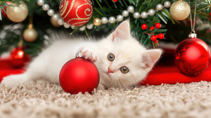 The kitten is depicted playing with a red Christmas ball with Christmas tree lights.