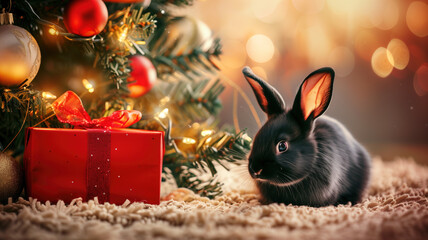 Cute black rabbit sitting on a rug under a Christmas tree next to a gift box