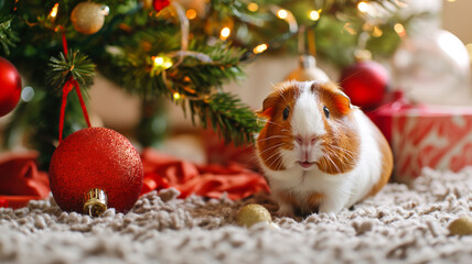 A guinea pig is depicted under a Christmas tree next to a shiny Christmas ball