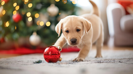 Labrador puppy touches bright Christmas ball with his paw