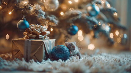 cute Hamster is depicted next to a gift box and shiny Christmas balls in a festive atmosphere.